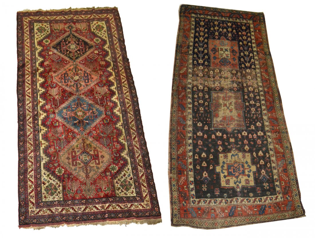 Antique and Vintage Persian Rugs: Comprises: 1.) Vintage wool rug [80" x 50"] with 3" repair at one long edge. Soiling and stains. 2.) Antique wool runner. [108" x 40"]. Thread bare areas and reinforced ends. Both sold together "as is