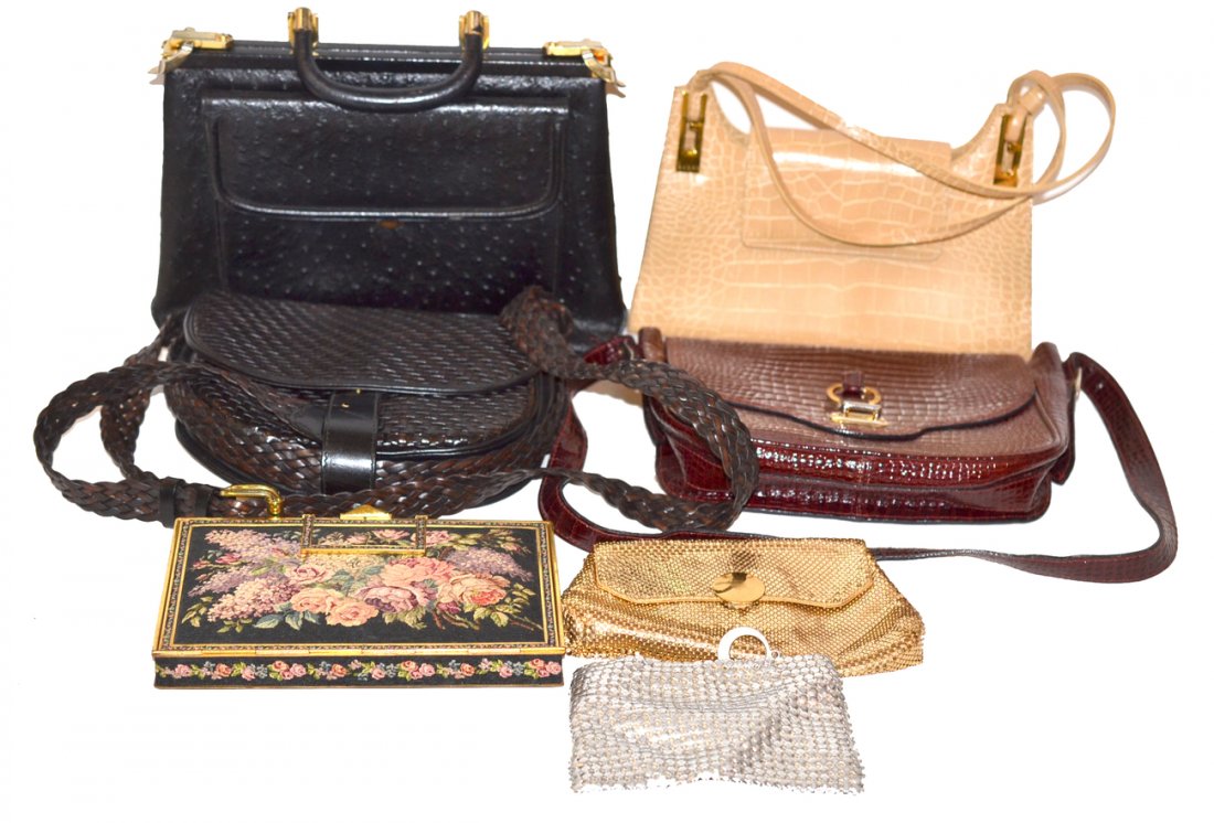 Large Group of Handbags: Includes woven leather, needlepoint, chain maille, etc. 13 bags total. Fair to good condition.