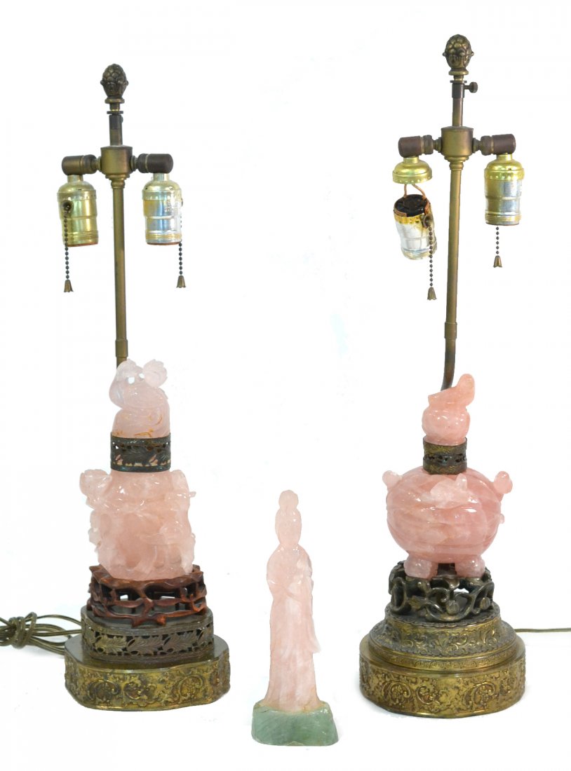 Two Chinese Rose Quartz Lamps & Figure: Comprises two carved rose quartz urns mounted as lamps, along with a rose quartz and flourite figure of a quan yin. Three pieces. [Overall: 23 3/4" x 22 3/4" H respectively; Figure: 8 3/4" H]. Some lo