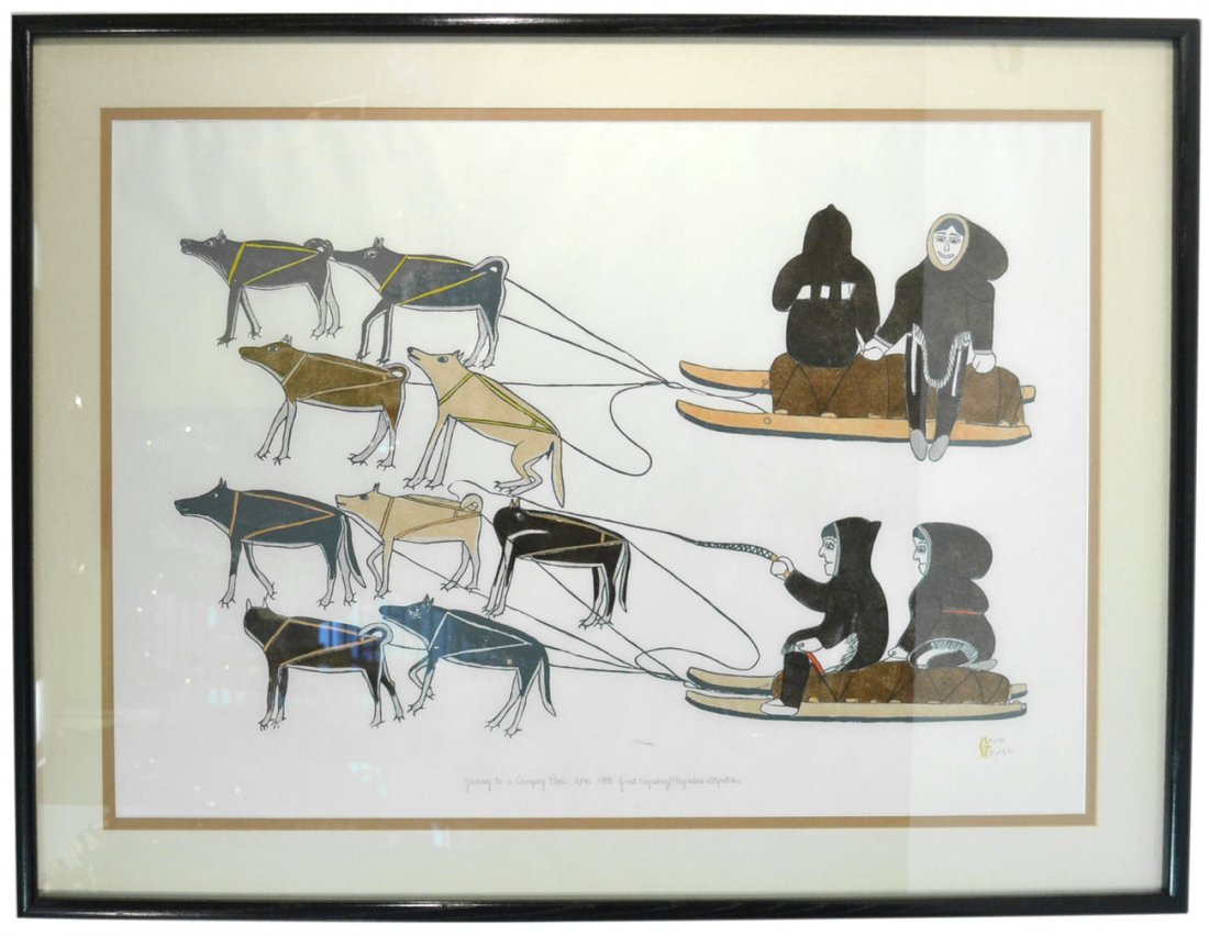 Inuit Graphic - Sledders: Entitled "Journey to a Camping Place". 2/40. Signed "Janet Kegusing/Magdeline Ukpatiku". [Sight: 23 1/2" x 34"; Frame: 31" x 41"].