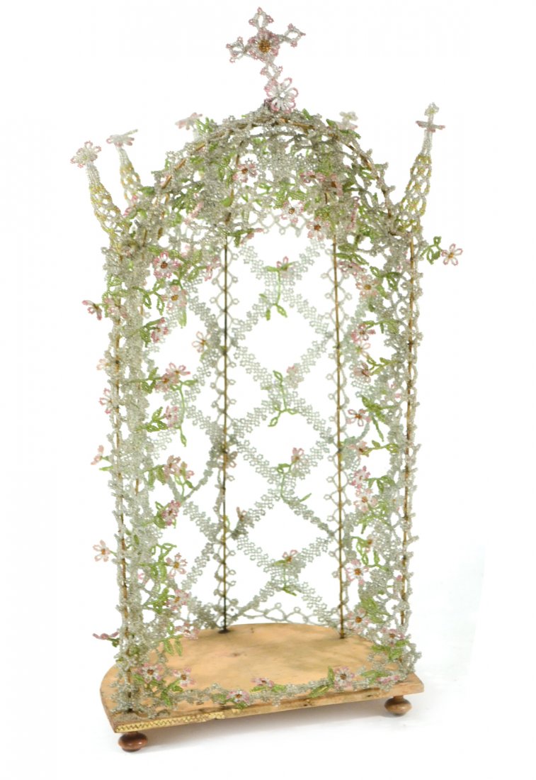 Vintage Beadwork Niche: With trellis formed by intricate bead work, wood base. [16 1/2"] Complete and in overall good condition