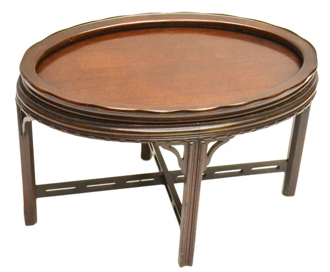 Georgian-Style Mahogany Coffee Table: Oval table with framework for tray top. Tray top "as is". [28" W x 18" D x 18" H]. Incomplete.