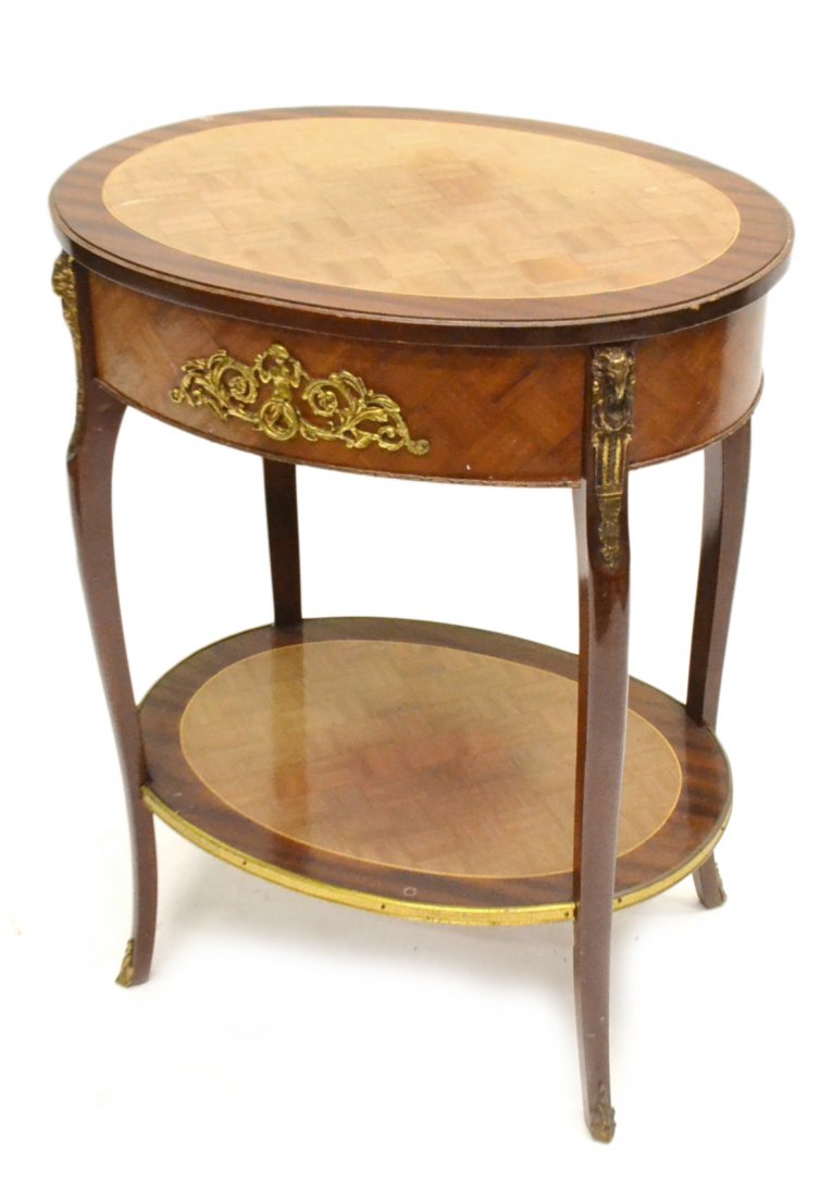 Louis XV Style Bouillotte Table: Oval top with lower tier and one drawer bronze mounts. [16" x 21" W x 27" H].
