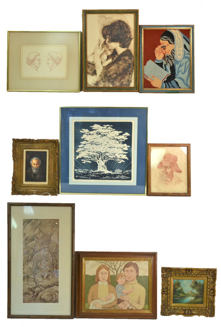 Nine Works of Art: Family scene; Needlepoint portrait; Two faces; Landscape with a castle; Mother and child, Asian figure in a landscape; "The Sweetheart Tree" ed. 14/100; and Two portraits. [Largest: 18" x 18" and 14"