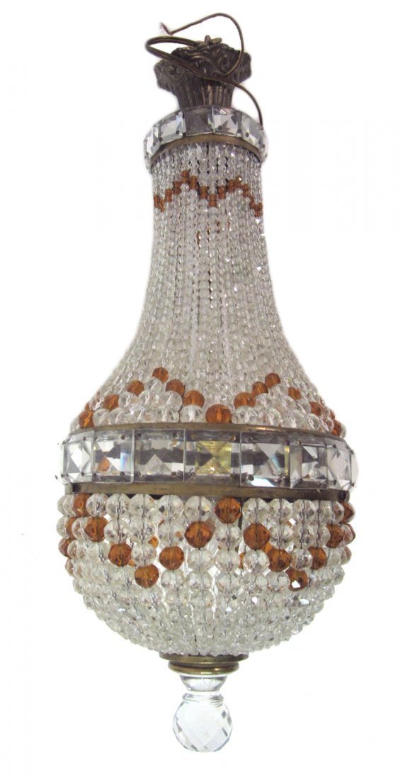 Vintage Austrian Pendant Chandelier: Clear and amber beaded glass. Bears single interior Edison base socket. [8" dia. x 17" H].