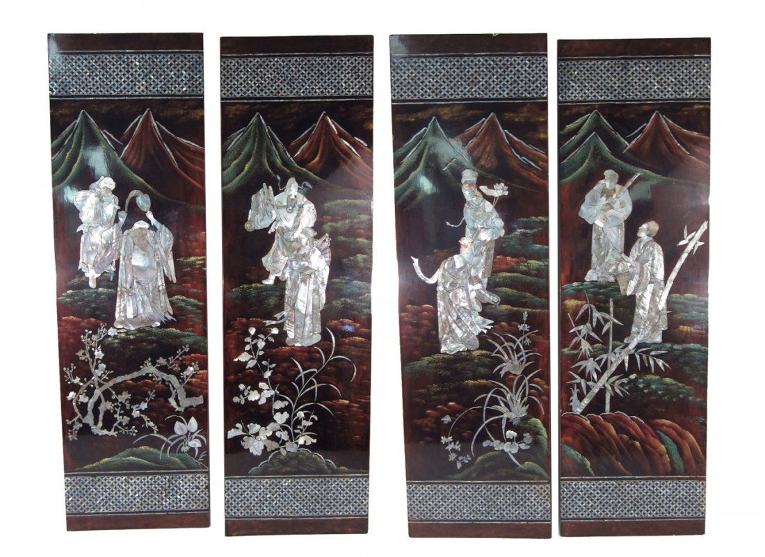 Set of Four Chinese Figural Panels: Lacquered panels with painted mountain peak backgrounds featuring inlaid mother of pearl and abalone figures and vegetation. [Each: 11 3/4" x 39 3/4"].