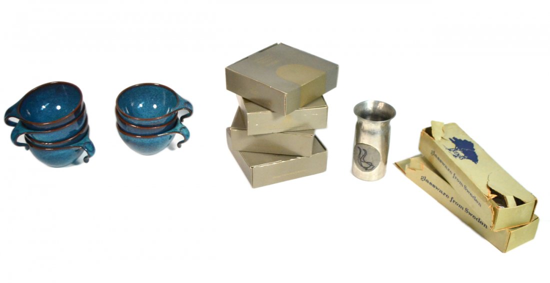 Group of Scandinavian & Other Tableware: Includes Royal Copenhagen brass candleholders, set of 8 Ekenäs glass napkin holders, seven Danish cups, etc. Most in good condition.