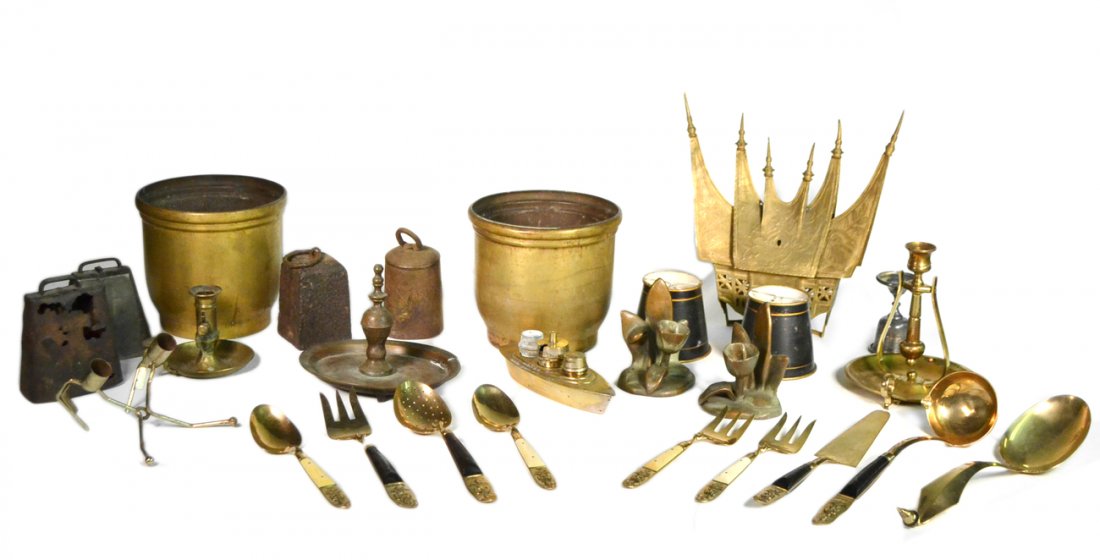 Assorted Mixed Metal Decorations: Includes pair of jardinieres, flatware, architectural box and more. All sold "as is".