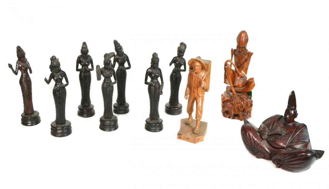 10 Asian Wood Figural Sculptures: Includes Chinese seated man, set of 7 Thai women, seated man in a hat, and a peasant carrying wood. Losses to most of the female figures, cracks and scratches to others. [Tallest: 14 3/4" H].