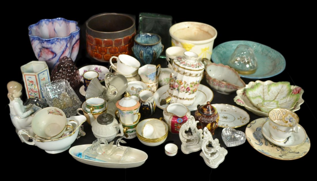Assorted Ceramic and Glass Articles: Includes vintage and antique cups & saucers, teapot, figures, studio pottery, and assorted glass bird paperweights. Includes Ginori, Spode, etc. 50+ pieces. All sold "as is".