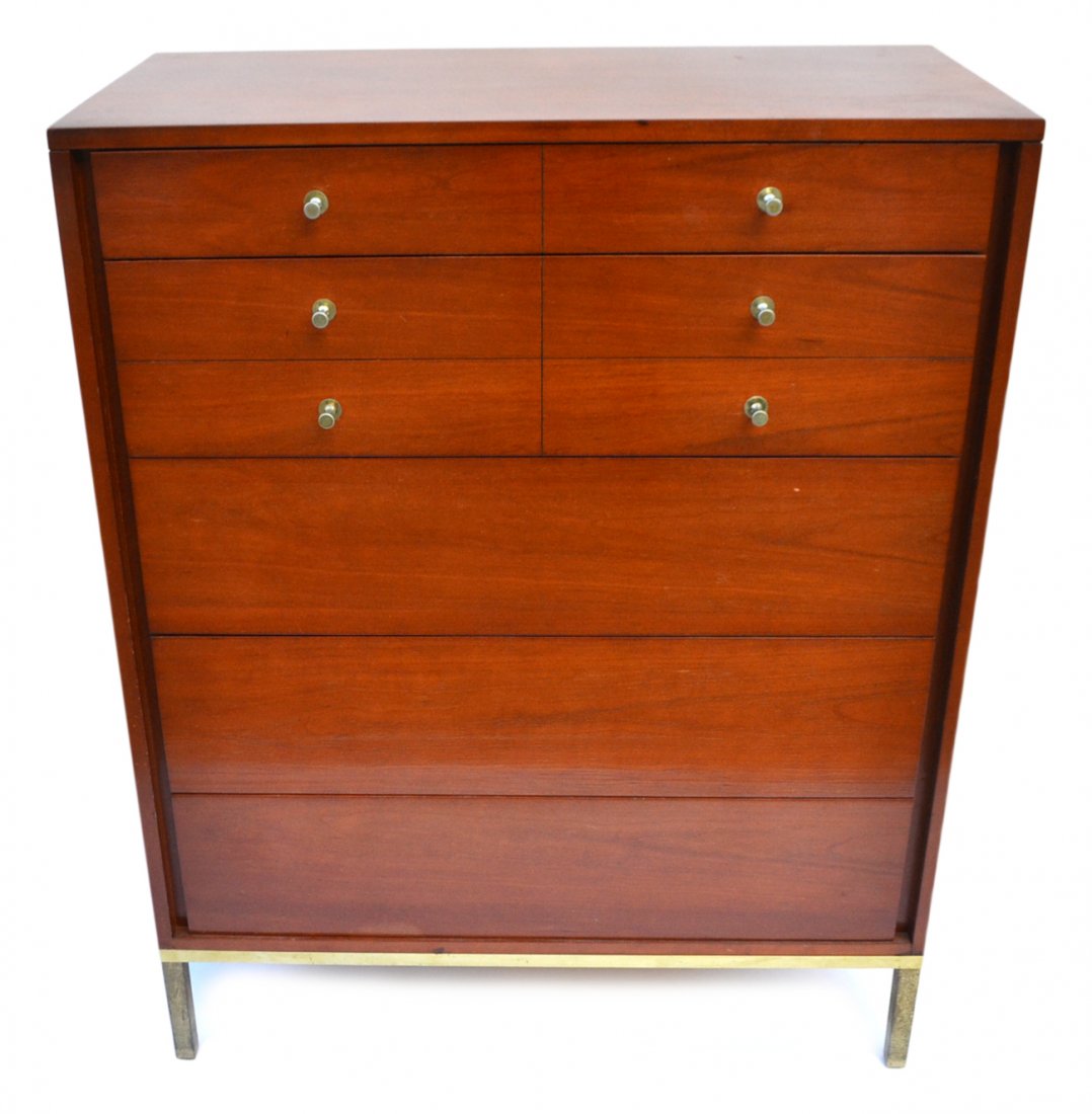 Mid-Century John Stuart Dresser: Five-drawer dresser with satin nickel pulls and brass-finish base with straight legs. [36" W x 18" D x 45 1/4" H]. Light wear and oxidation to base.