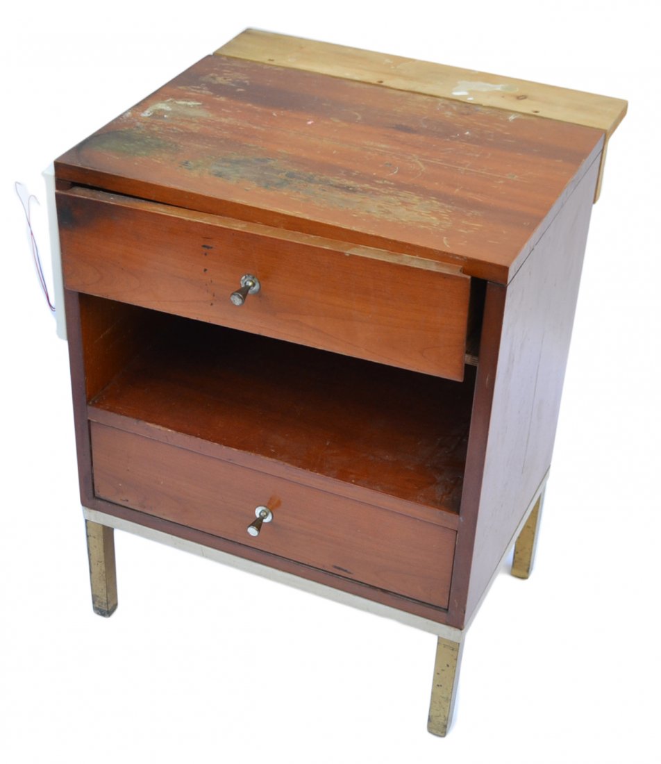 Mid-Century Modern Nightstand: Two-drawer stand with nickel pulls and base on satin brass-finish legs. [20" x 14" x 25 3/4"]. Wear throughout, sold "as is".