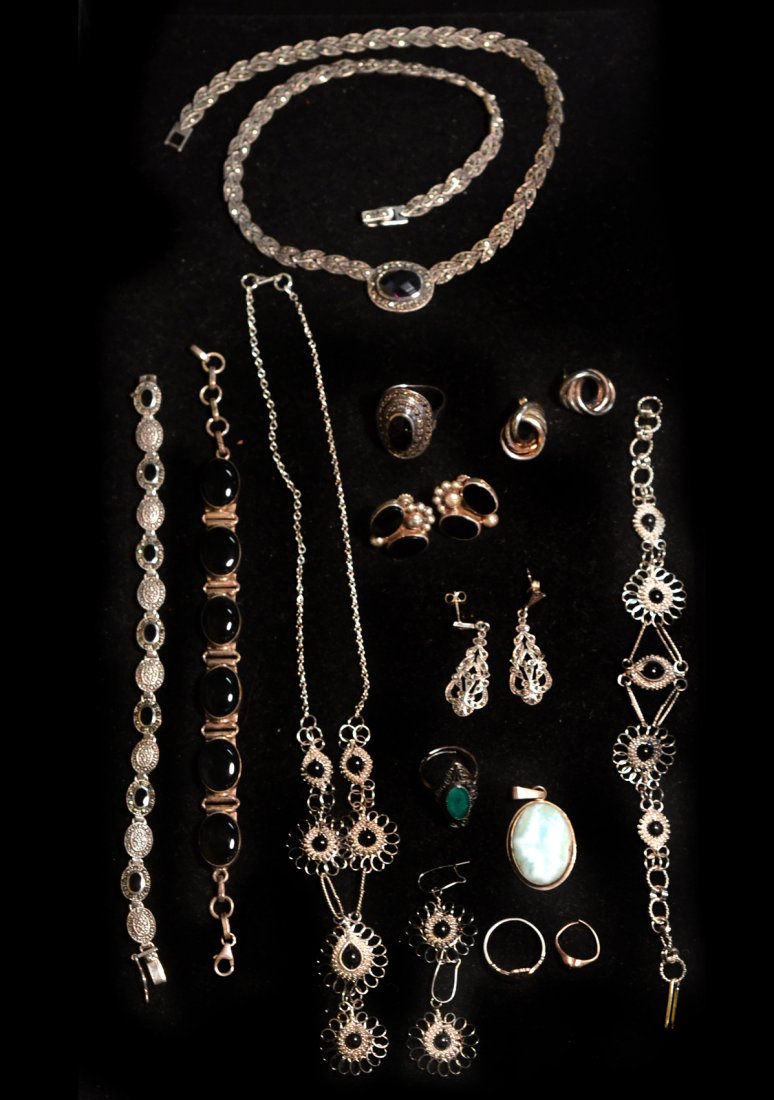 Asst Vintage & Modern Sterling Jewelry: Comprises: necklace with marcasite accents; two bracelets with onyx cabochons; three pairs of earrings; four rings (two with cabochon stones); one pendant with hardstone; necklace, earring and bracele