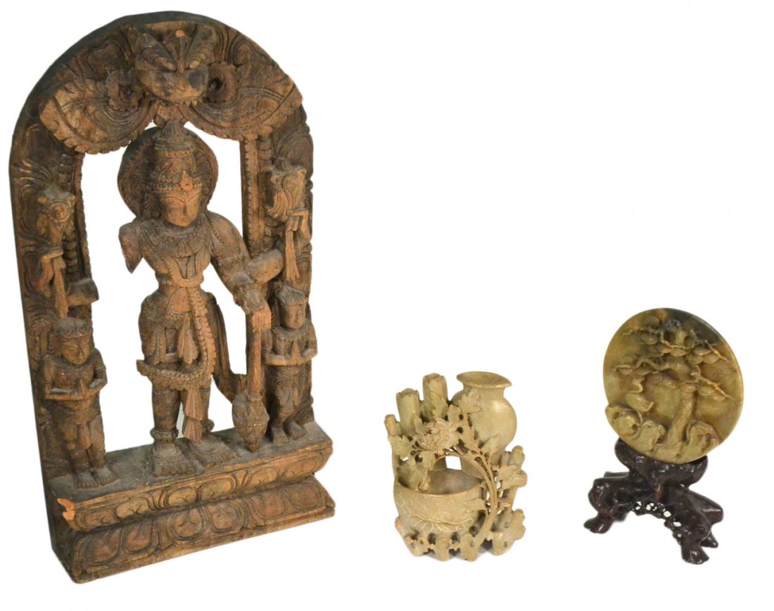 Three Asian Decorative Objects: Comprises two Chinese soapstone carvings, along with a Southeast Asian wood devotional carving. [Largest: 18" H]. Losses to wood carving, otherwise in good condition.