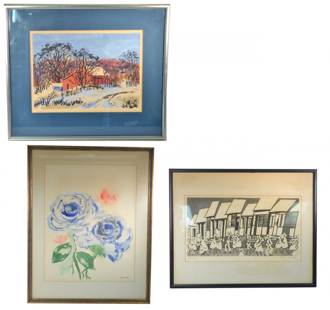 Emilio Sanchez and Others: Three framed artworks comprising: 1.) Emilio Sanchez signed etching "Jamaica". [Art: 15 3/4" x 8 1/4"; Frame: 20 3/4" x 16 3/4"], 2.) "Barn in Summer" screen print signed bottom right illegibly and da