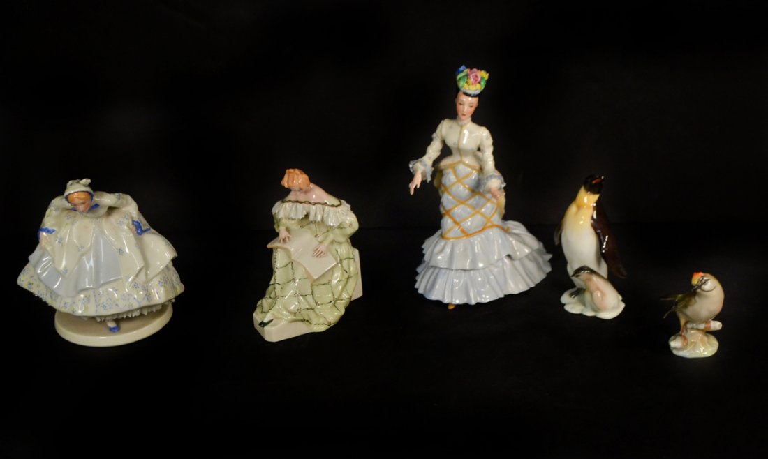 Three Lenox Ladies and Others: Comprises Lenox porcelain figurines; Southern Belle, Reader, and Prima Donna. [Tallest: 8 3/4" H]. Accompanied by two Hutschenreuther bird groups (songbird and penguin). All bear small chips with loss