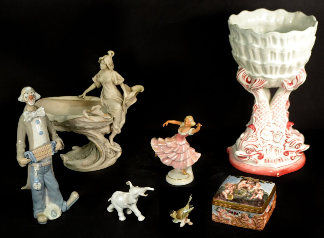 Assorted Vintage European Figurines: Comprises: 1.) Art Nouveau woman seated by a shell-form bowl [10 1/2" W x 6" D x 10 1/2"]; 2.) Capodimonte box with allegorical lid and putti sides [4 1/8" Sq. x 6 1/2" H]; 3.) German female dancer [6