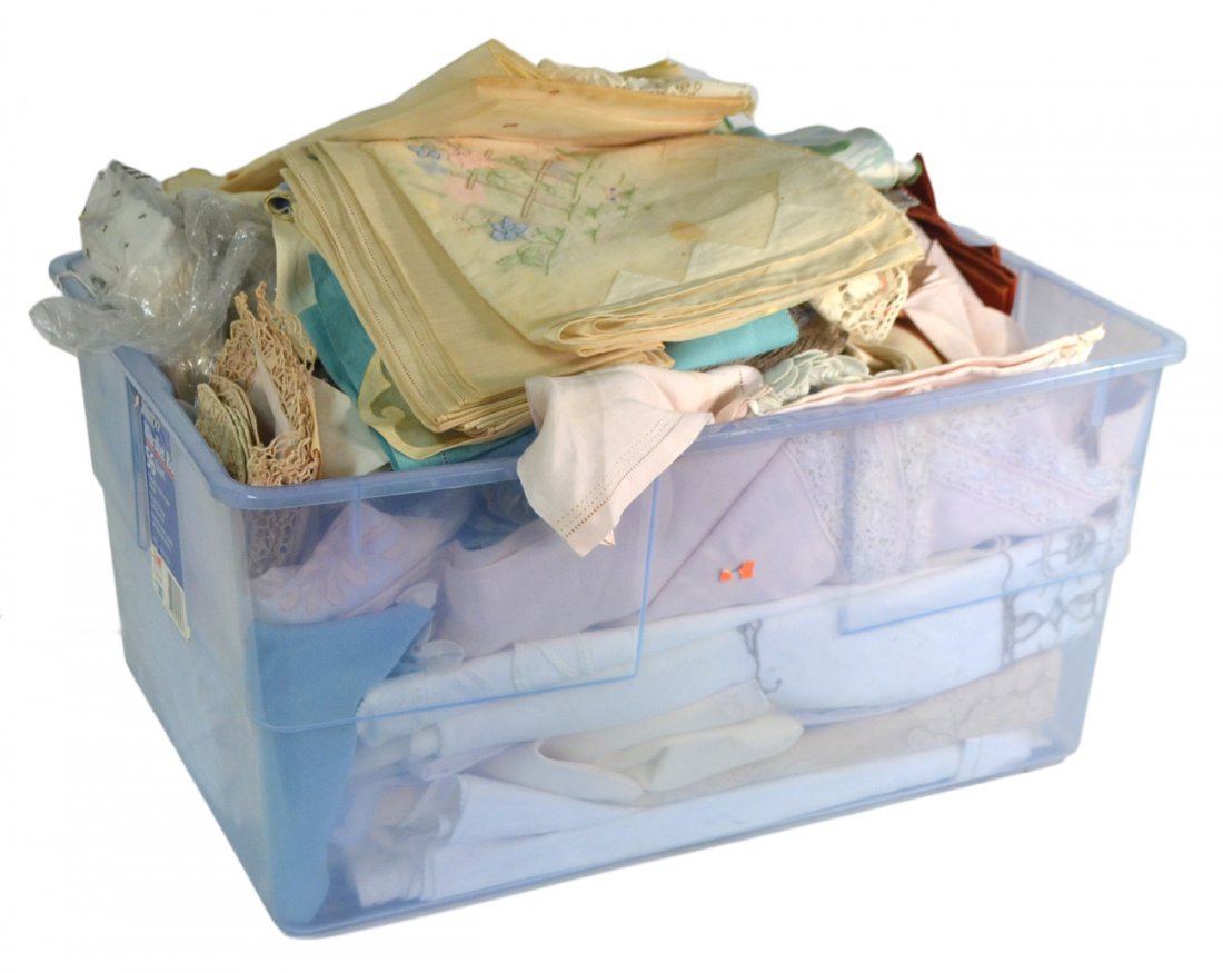 Group of Table Linens: Includes sets of dinner and cocktail napkins, placemats, tablecloths, and more. Many stained and discolored.