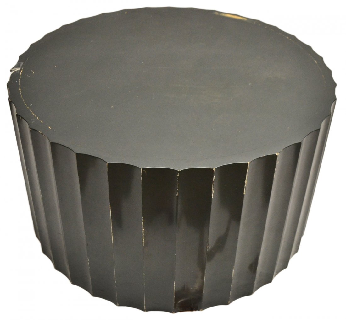 Modern Columnal Coffee Table: In the form of a fluted column with black lacquered wood top and silver/grey lacquered side. [20" H x 35" Dia]. Losses to lacquered surface.