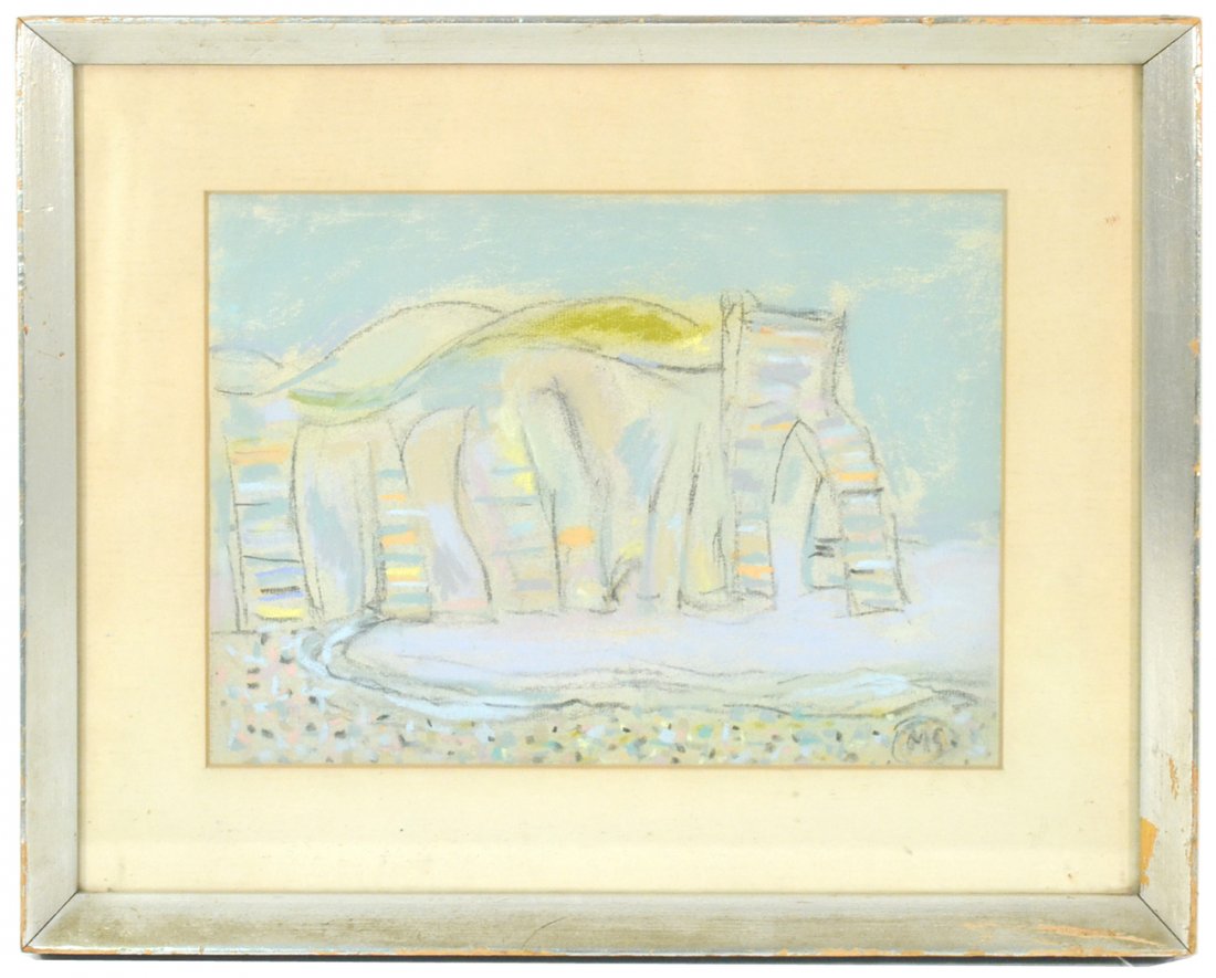 Manfred Schwartz, Gouache - Abstract: Pencil and gouache. Anthropomorphic abstract composition. Signed bottom right "M.S." [Art: 10 3/4" x 8"; Frame: 15 3/4" x 12 3/4"].
