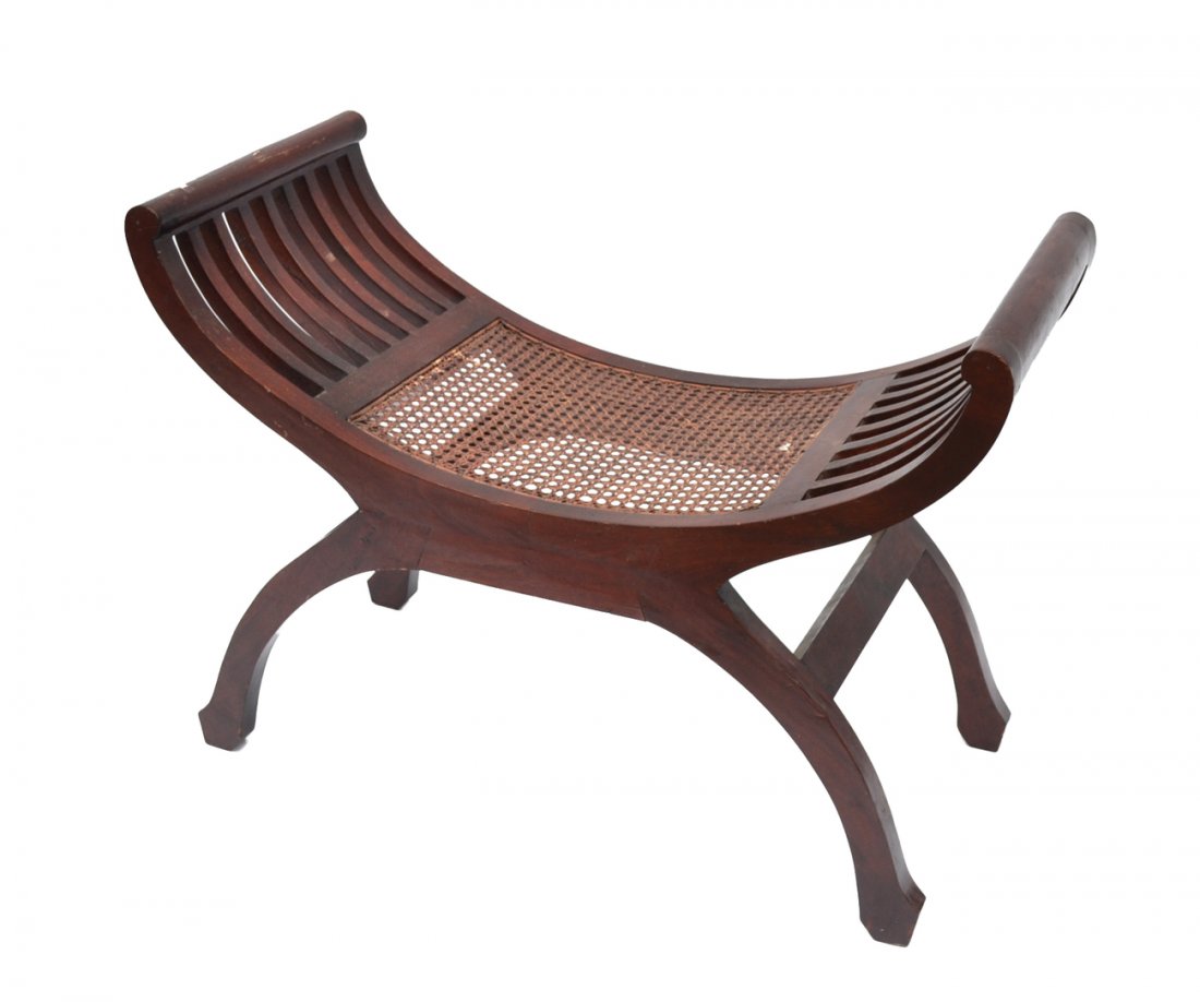 Vintage Anglo-Egyptian Bench: Mahogany caned seat bench with wide scrolling arms. [32 3/4" W x 14 1/4" D x 23 1/2" H; 14 1/2"H to seat]. Scuffs and scratches.