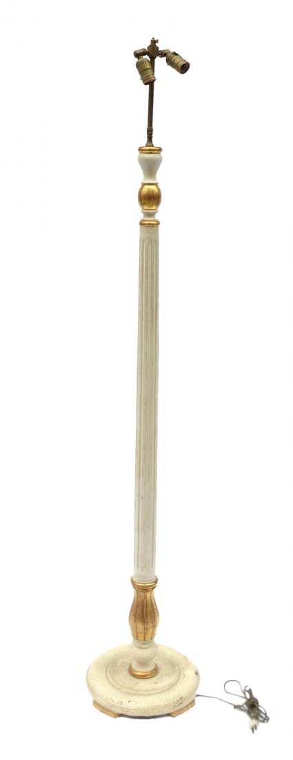 Vintage Parcel Gilt Floor Lamp: Painted carved wood column-form floor lamp with gilt accents throughout. [13 3/4" dia. at base x 71 1/4"H to finial]. Light scuffs and scratches.