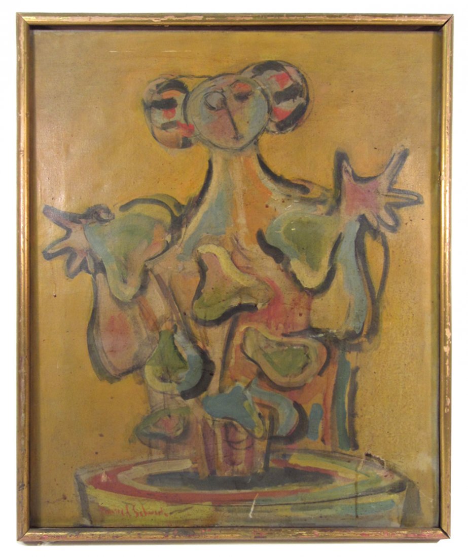 Manfred Schwartz, Oil on Canvas: Woman with Potted Plant. Abstract depiction of a woman standing behind a potted plant. Signed bottom left "Manfred Schwartz". [Art: 22" x 18"; Frame: 19 1/4" x 23"]. Soiling, nicotine staining, and pu