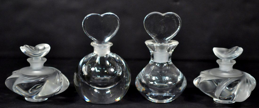 Two Pairs of Scent Bottles: Includes one pair of Lalique, the other Orrefors [3 1/4" H]. Chip to one Orrefors bottle.