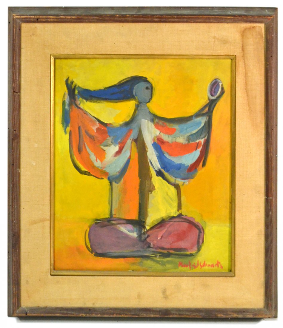 Manfred Schwartz, Oil on Canvas: Depicts a stylized figure of a standing woman arranging her hair. [Sight: 15 1/2" x 13 1/2"; Frame: 23 1/2" x 21"]. Mat stain. Light surface dirt on image.