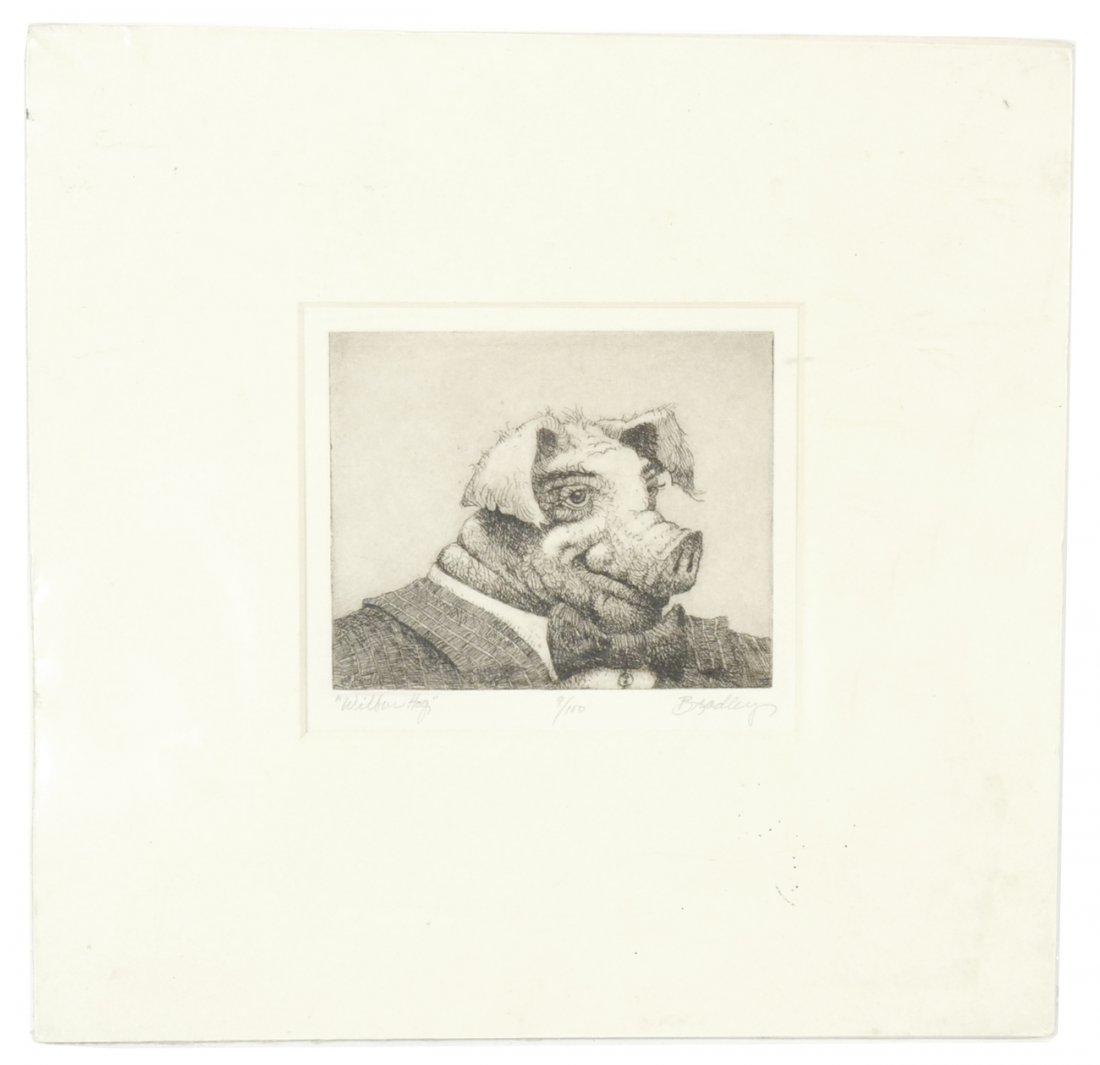 Bradley, Etching - "Wilbur Hog": Signed lower right "Bradley", also bears title and 9/100. Matted and sealed in plastic. [Art only: 4" x 4 7/8"]. Print in very good condition.