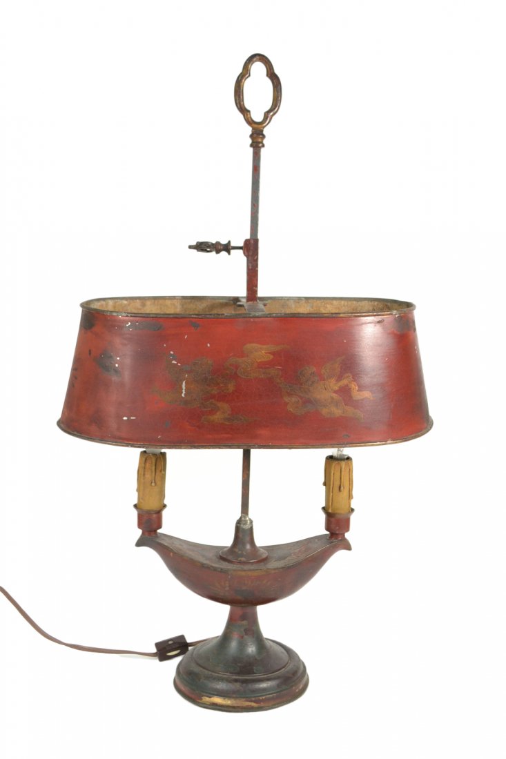 Aladdin-Form Tole Lamp: Two-light lamp with a decorated tole shade. Very worn