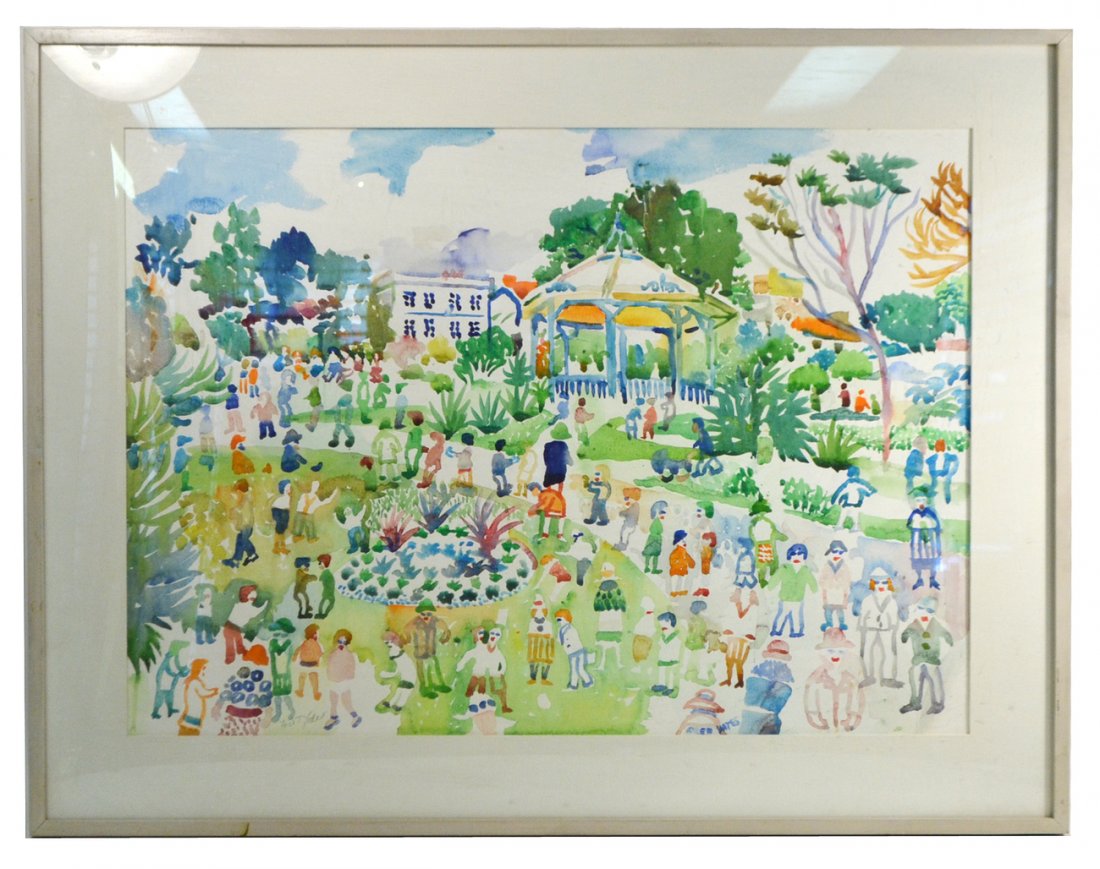 Fred Yates, Figures in a Park: Framed watercolor, signed lower left. [Art: 29" x 21"; Frame: 36" x 28"]. Some soiling to mat, overall good condition.