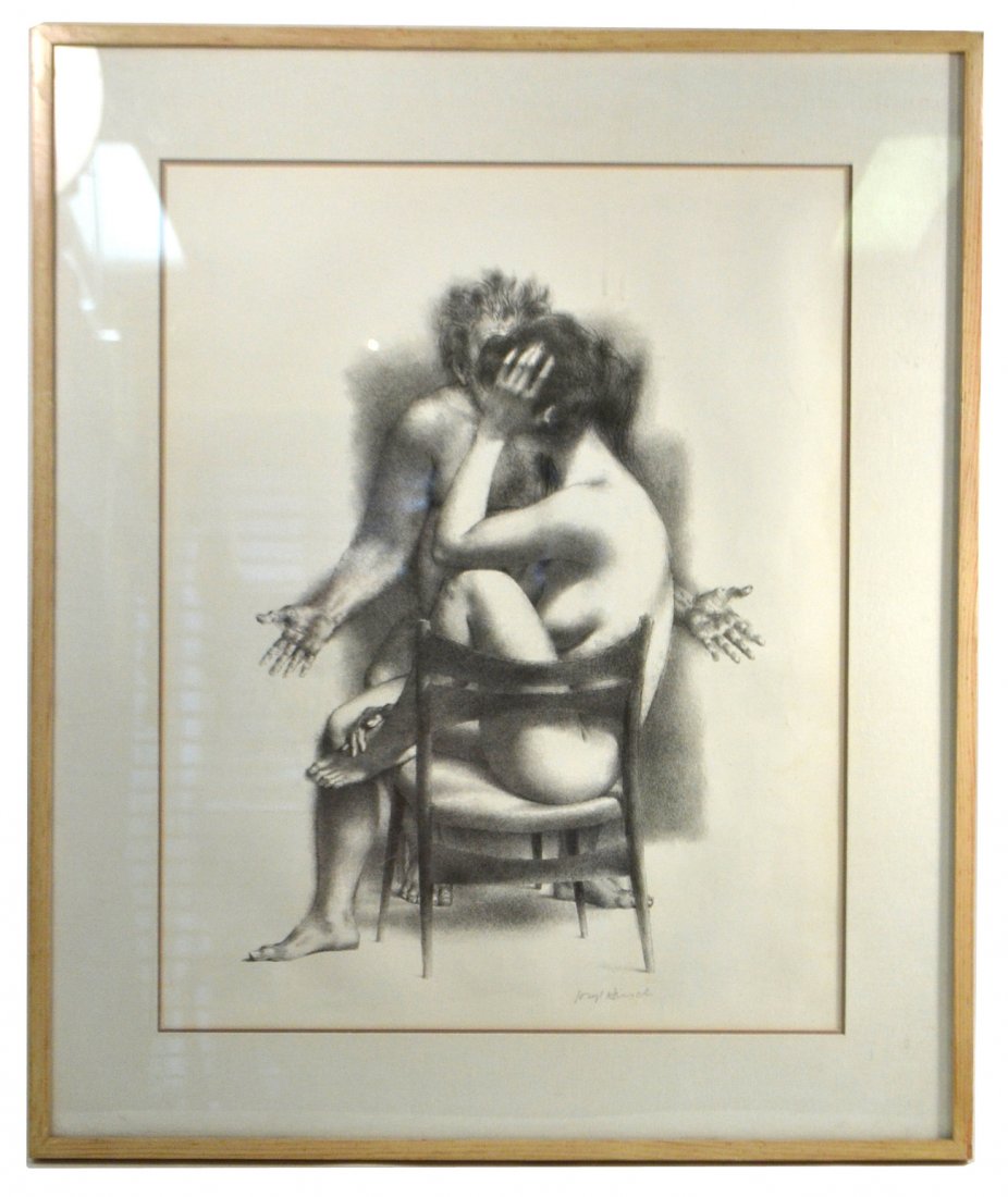 Joseph Hirsch - "Woman Listening": Framed lithograph titled "Woman Listening". Edition number 125, with a Kennedy Galleries, Inc., NY label on verso. [Art: 27" x 16"; Frame: 26" x 31"]. Creases.