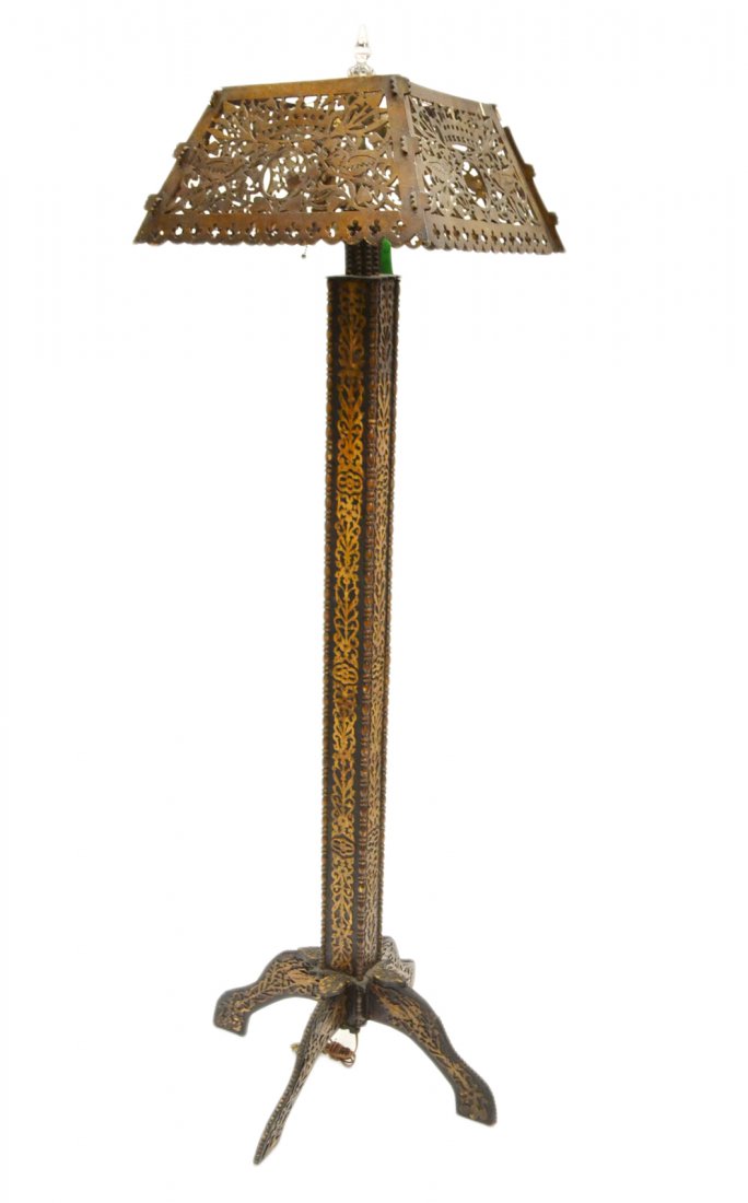 Tramp Art-Style Floor Lamp: Ornate floor lamp with unmatched reticulated shade. [68" H; Shade: 19" x 19" x 9 1/2" H]. Losses, two molding pieces missing on shade.