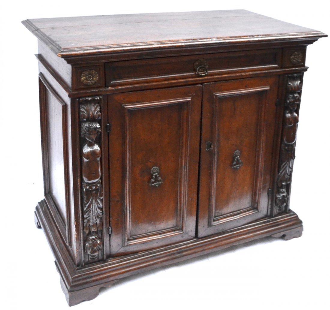 Antique Italian Figural Chest: Walnut two-door cabinet with figural applique. [40" x 20 1/2" x 41 1/2" H]. Good condition, as with age.