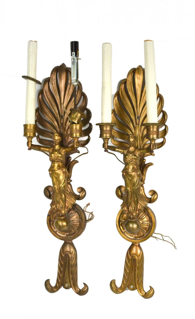 Pair French Empire-Style Sconces: Each with figural post and two lights. Two bobeches missing and some light oxidation. [Backplate: 20" H x 5 1/4" W].