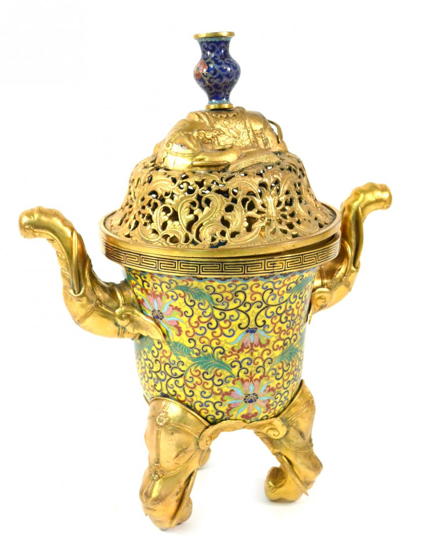 Chinese Cloisonné Temple Incensor: Impressive Chinese cloisonné temple incensor with gilt metal elephant mounts and pierced brass lid. Loose handles, feet and finial. Otherwise good condition