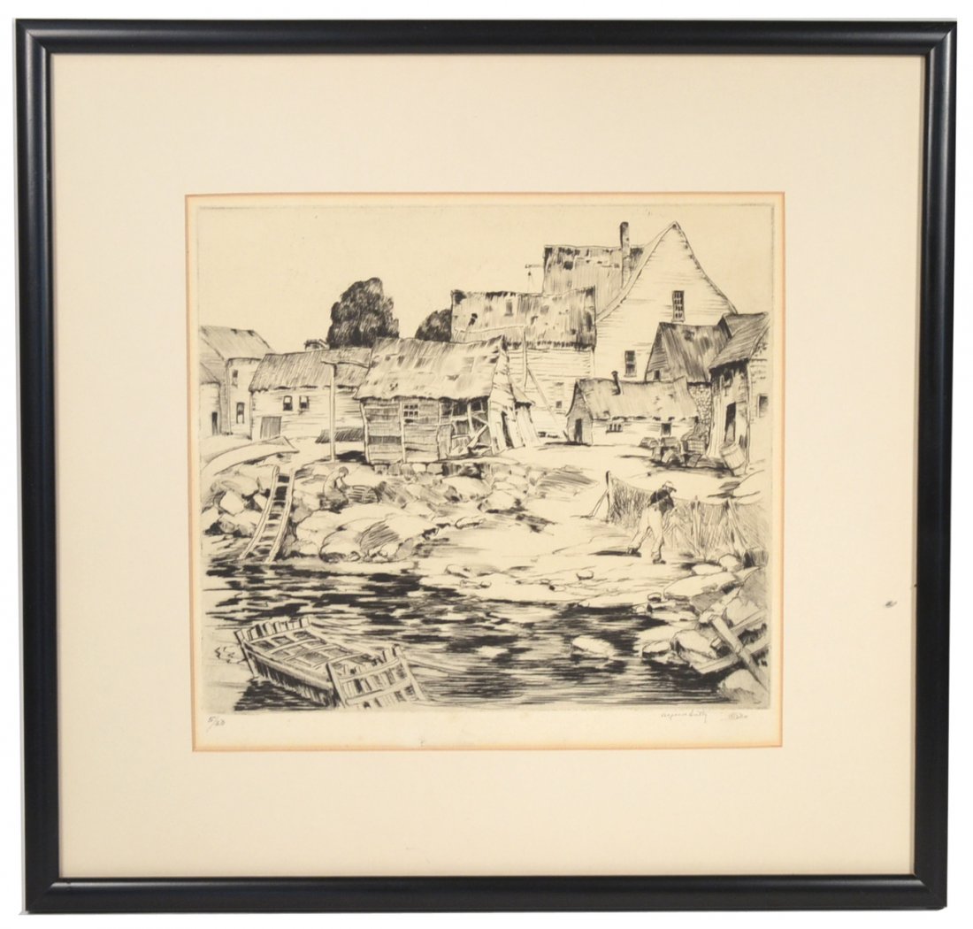 Alfred Hutty, Etching - Fishing Village: Stylized depiction of waterside shanties, fisherman repairing a net, and lobster trap in foreground. Signed bottom right in margin "Alfred Hutty" with his "snail-form" cypher and numbered "5/20". [Pla
