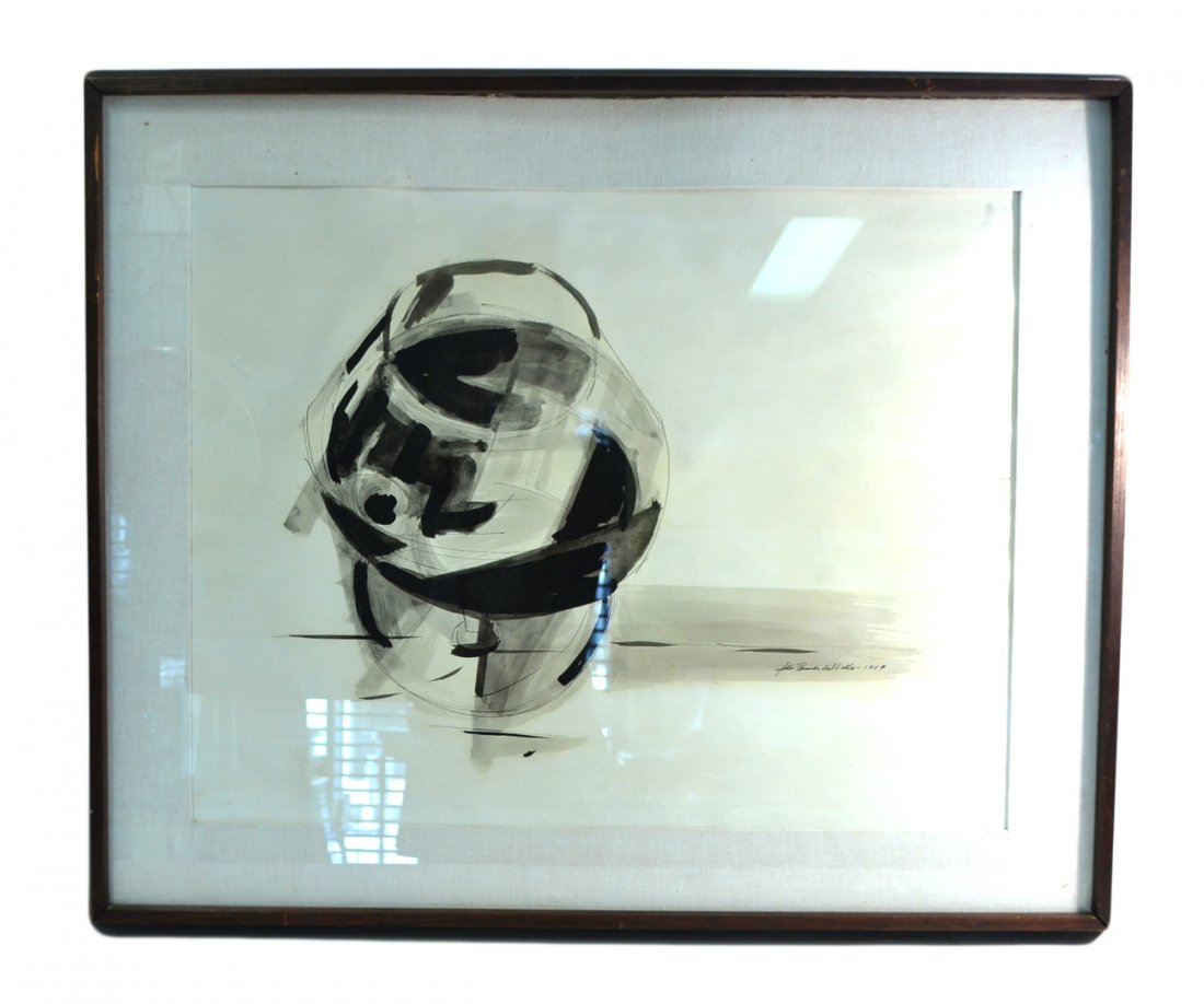 Julio Rosado del Valle, Ink & Wash: Semi-abstract perspective depiction of a red wine stem glass. Signed lower right "Julio Rosado del Valle". [Image: 22" x 17" on larger sheet; Frame: 35" x 29 1/8"]. Light toning and gapping.