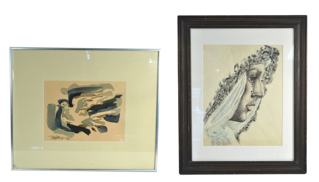 A. Marin Dove & P.P. Perez Portrait: Augusto Marin, oil on canvas - Dove and other. Abstract Dove. Signed bottom left "Marin, '67" [Art: 12 1/2" x 9 1/8" on larger sheet; Frame: 24 3/8" x 20 3/8"]. Accompanied by a framed ink and wash po