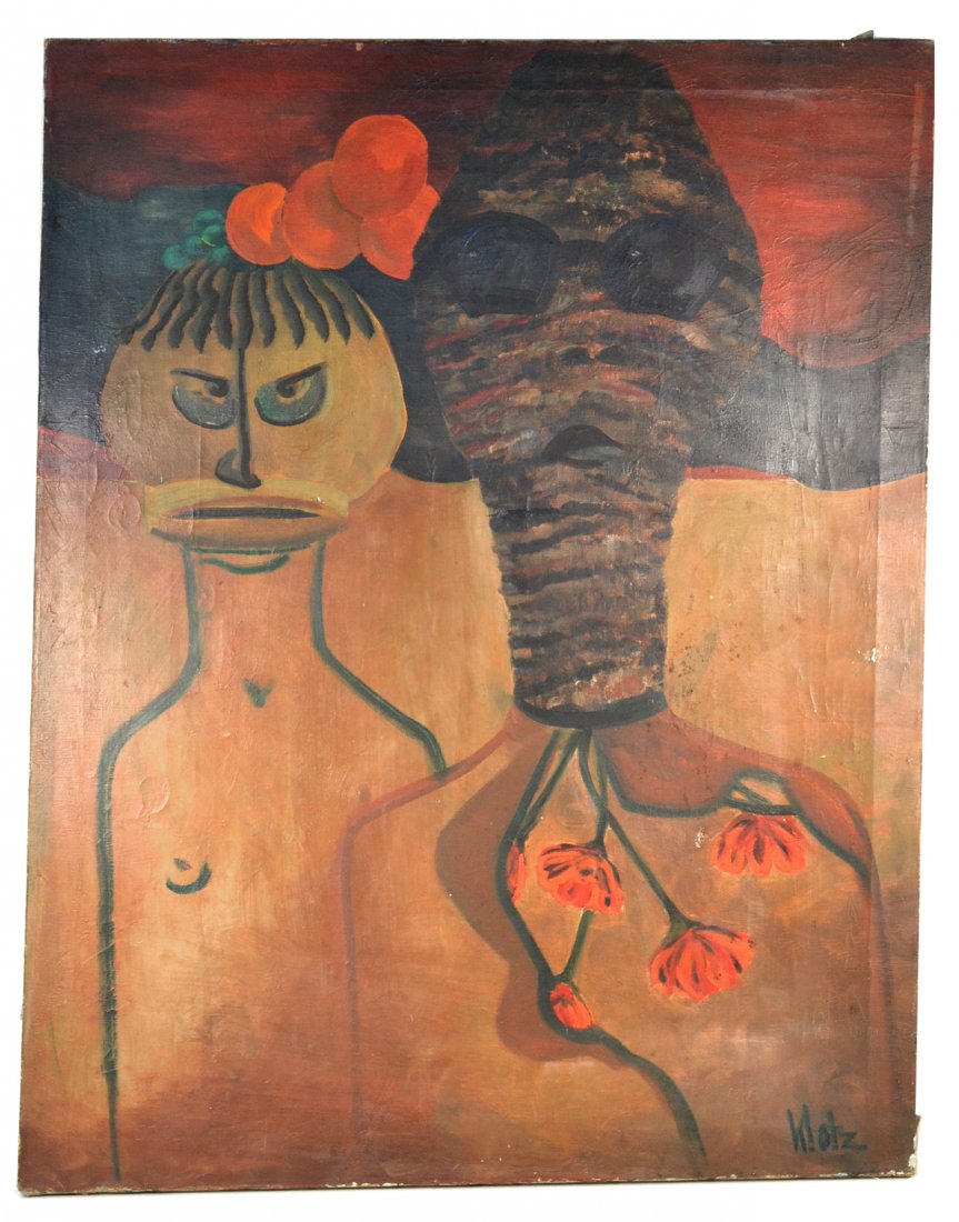 Klotz, Oil on Canvas - Abstract Figures: Vintage (circa 1950) abstract composition depicting two figures in bust-length full profile poses. Signed bottom right "Klotz". [Art: 28" x 36"]. Unframed. Multiple defects, sold "as is".