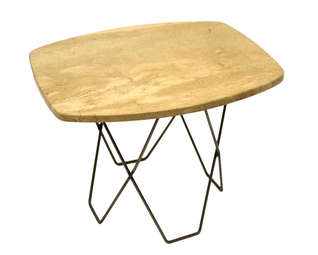 Mid-Century Modern Travertine Side Table: Side table bearing a rounded corner rectangular travertine top with beveled edge on a geometric welded steel rod base. [24" W x 20 1/2" D x 17 1/4" H]. In good condition.