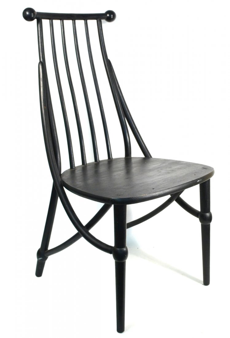 Vintage Thonet-Type Side Chair: Ebonized side chair with bentwood X-form side stretchers. [19" W x 20" D x 36 3/4" H]; 16 1/4" H to seat]. Light wear and three drilled holes in seat.