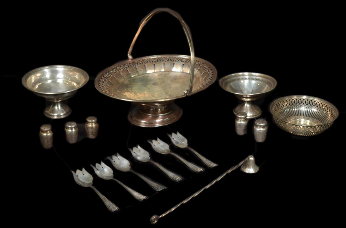 Assorted Sterling Silver Table Articles: Fifteen items include basket, bowl, compote, salt & pepper shakers, candle snuffer, and flatware. Compote dented, otherwise in good condition. 23.68 ozt.