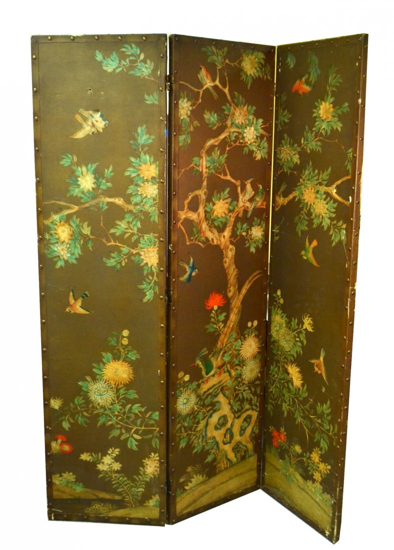Chinoiserie Style Three-Fold Screen: Bird, floral, three tree decor. [17 1/2" x 68 1/4" panels x 3"; Overall: 52 1/2" x 68"]. Punctures and losses.