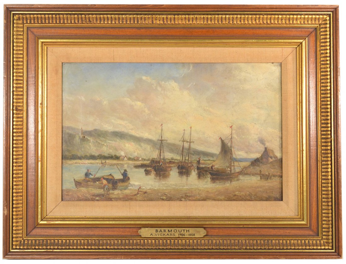 Sir Alfred Vickers, Oil on Canvas: Sir Alfred Vickers (1786-1858), "Barmouth". Oil on canvas depicting boats in a rural harbor. Signed "A. Vickers" bottom left and "John Taylor" on verso. Craquelure, tear at left, soiling, stretcher im