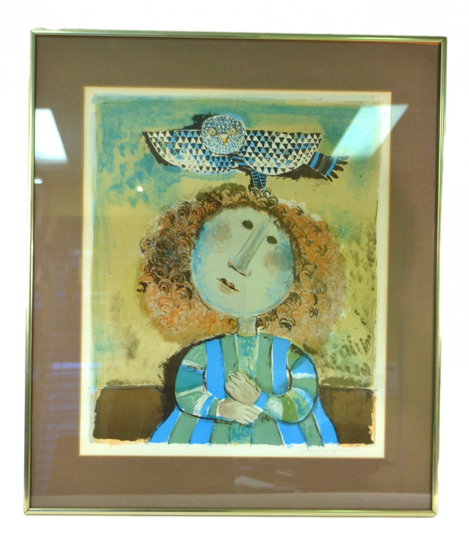 Graciela Rodo Boulanger, Lithograph: Whimsical depiction of a young girl with an owl perched on her head. Numbered and signed on bottom margin "1/125 Boulanger" in pencil. [Art: 16 1/2" x 20" on larger sheet; Frame: 23 3/4" x 27 1/2"].