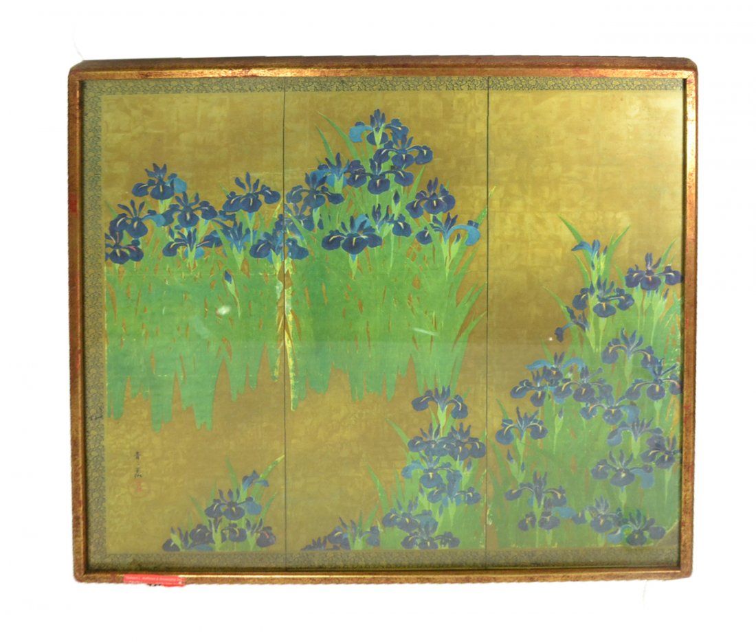 Reproduction Japanese Print - Irises: Framed print depiction a three-panel screen with iris decor. [Image: 29 1/8" x 27 7/8"; Frame: 30 1/2" x 29 1/4"].