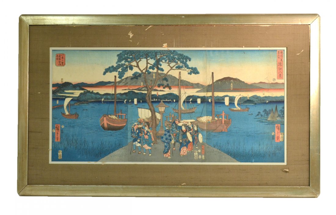 Japanese Ukiyo-E Print: Three-sheet panoramic print depicting merchants passing a group of courtesans on a dock with bay in background. Signed and inscribed in-the-matrix at either side. [Image sight: 28 3/4" x 14"; Frame: 3