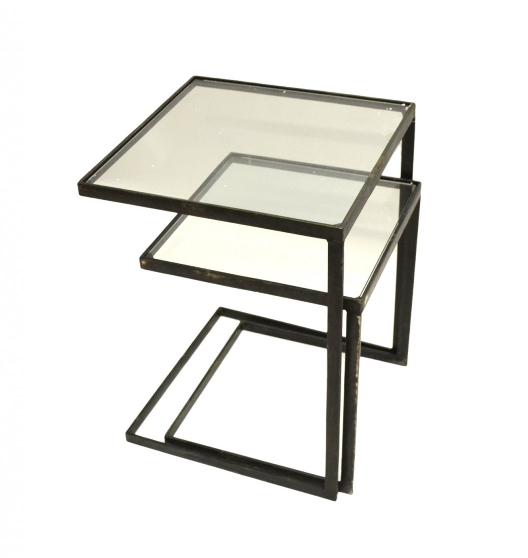 Nest of Steel & Glass Tables: Nest of steel and glass tables. [17 1/2" x 17 1/2" x 24" H]. Broken glass on one table.